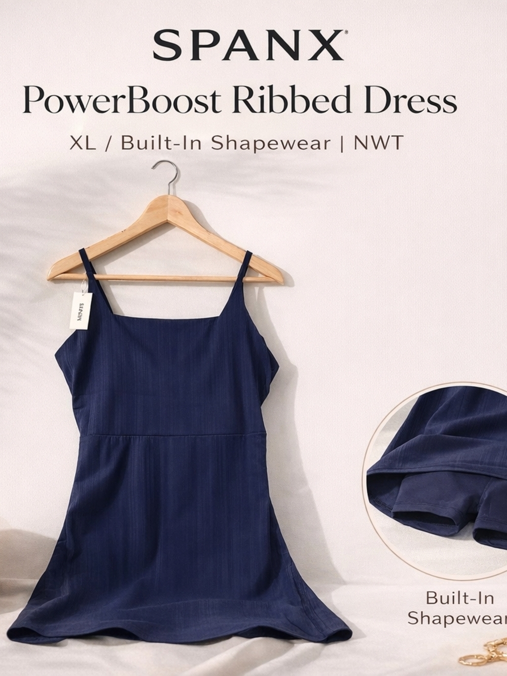 SPANX PowerBoost Ribbed Dress XL Navy Built In Shapewear Pockets NWT